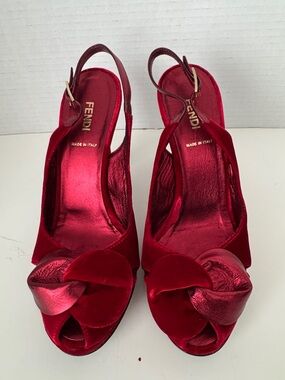 Fendi Red Velvet Knot Peep-Toe Slingback Heels